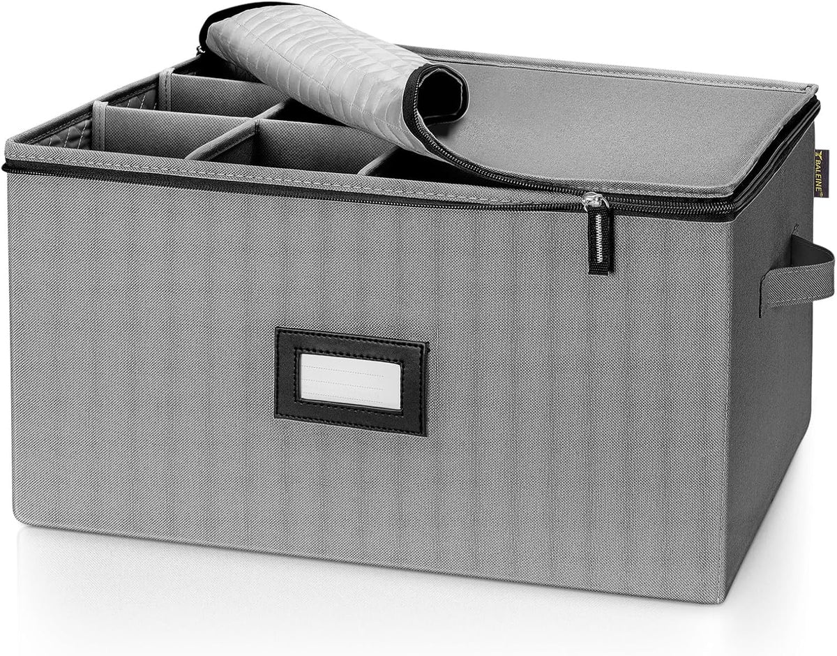 BALEINE China Storage Containers, Sturdy Quilted Wine Glass Storage, Plate Organizer with Carry Handles, Moving Boxes for Dishes, Cups, Mugs and Stemware (Wine Glass, Hard Shell Grey)