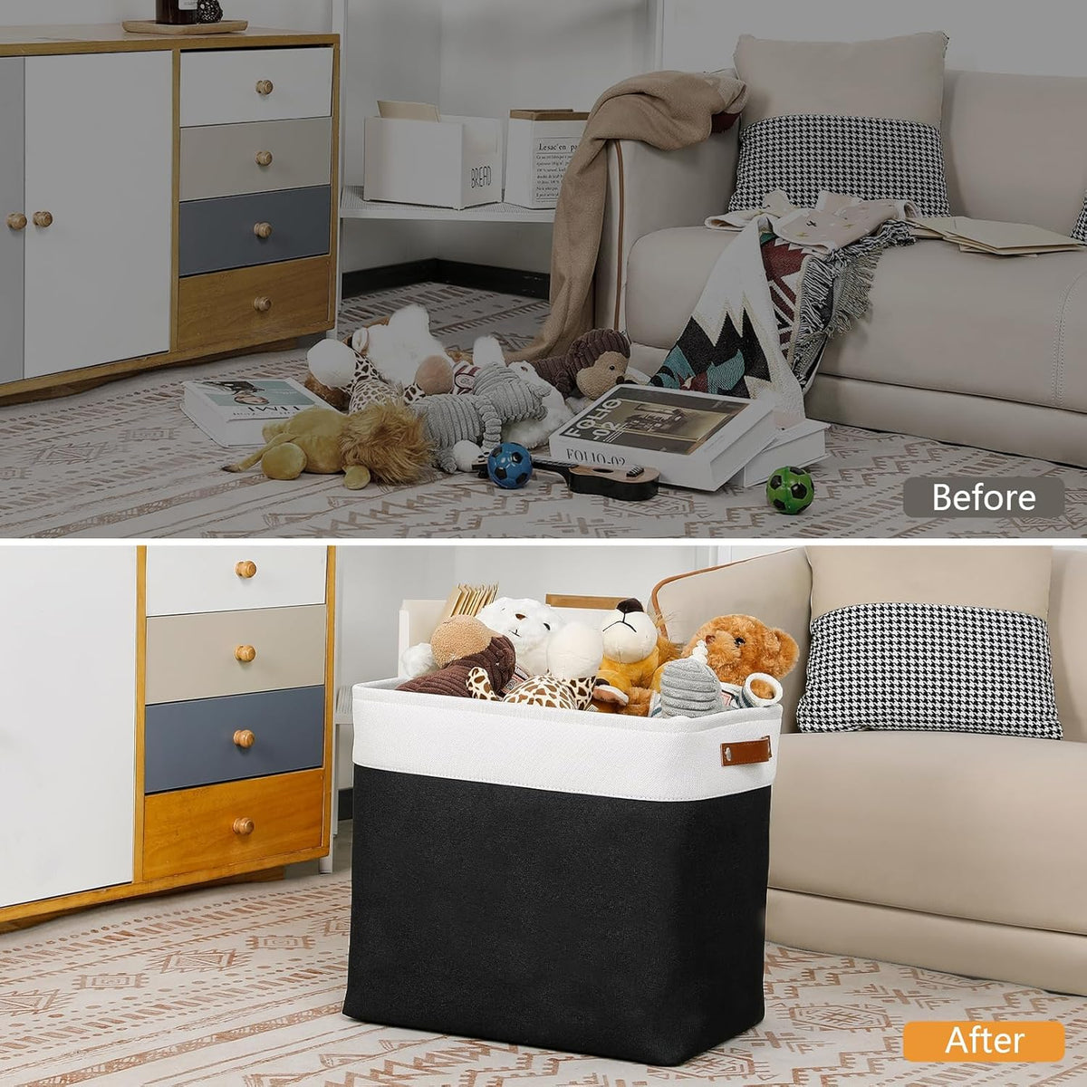 DULLEMELO Fabric Storage Baskets 3 Pack - 17x12x15 inch Large Foldable Fabric Organizer for Storage Decorative Storage Bins for Home,Closet(White&Black)