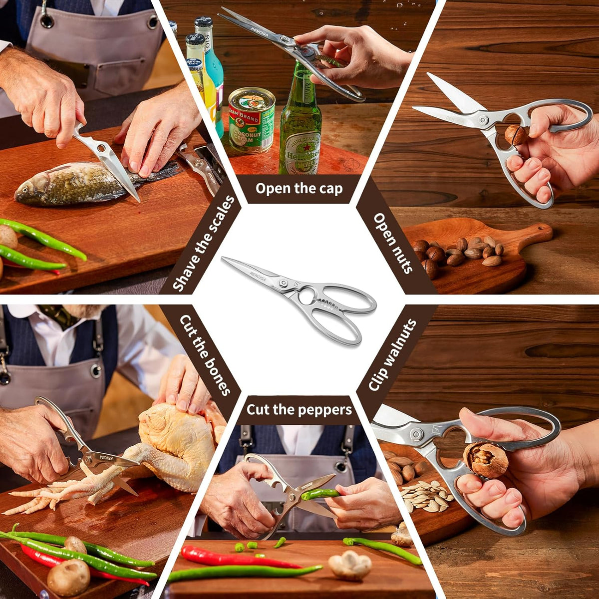 Kitchen Scissors Multi-Purpose Kitchen Shears Micro-serrated Sharp Blade Heavy Duty Stainless Steel Safe Food Scissors for Chicken, Poultry, Fish, Meat & Herbs with Non-Slip Grips