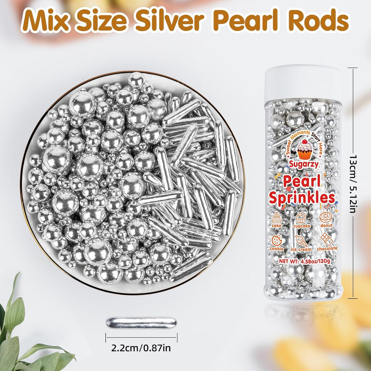 Silver Pearl Sprinkles,Edible Rods Pearl Sprinkles Mix Size,130g/4.58oz,Baking Edible Cake Decorations,Cupcake Toppers,Cookie Decorating Donuts Ice Cream,Holiday,Birthday Wedding Party,Valentines Christmas Supplies