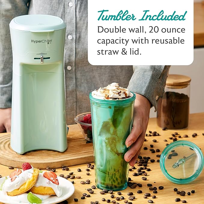 HyperChiller EHC824 Iced & Hot Coffee Maker, Adjustable Flow/Strength Lever, Includes 20 Oz. Tumbler & Reusable Straw, Compatible with Coffee Grounds, Removable, Reusable Mesh Filter, Mint