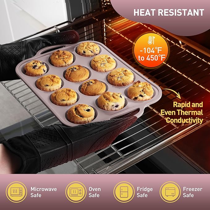 2 Packs 12 Cups Silicone Muffin Pan with Metal Reinforced Frame Regular Size Cupcake Pan Tray Egg Bites Silicone Circle Cookie Molds Muffin Tin Tart Pans Baking Sheet Set for Breakfast Sandwiches