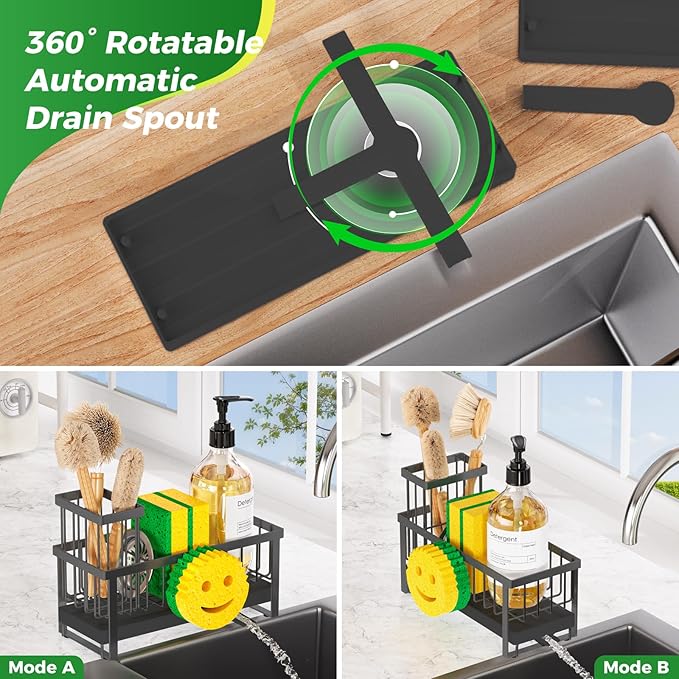 Sponge Holder for Kitchen Sink,Sink Caddy with Removable Dish Brush Holder,Self-Draining Kitchen Countertop Organizers and Storage Essentials,Soap Dispenser Organize and Home Decor-Black