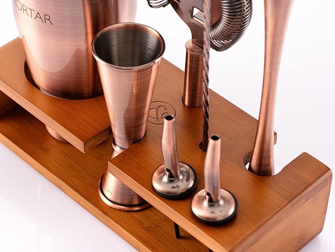Mint & Mortar Cocktail Shaker Set, 7-Piece Bartender Kit with Stand, 24oz Martini Shaker Bottle Stainless Steel Bar Tools, Home Bar Accessories Drink Mixer, Barware Gift Set - Brushed Copper