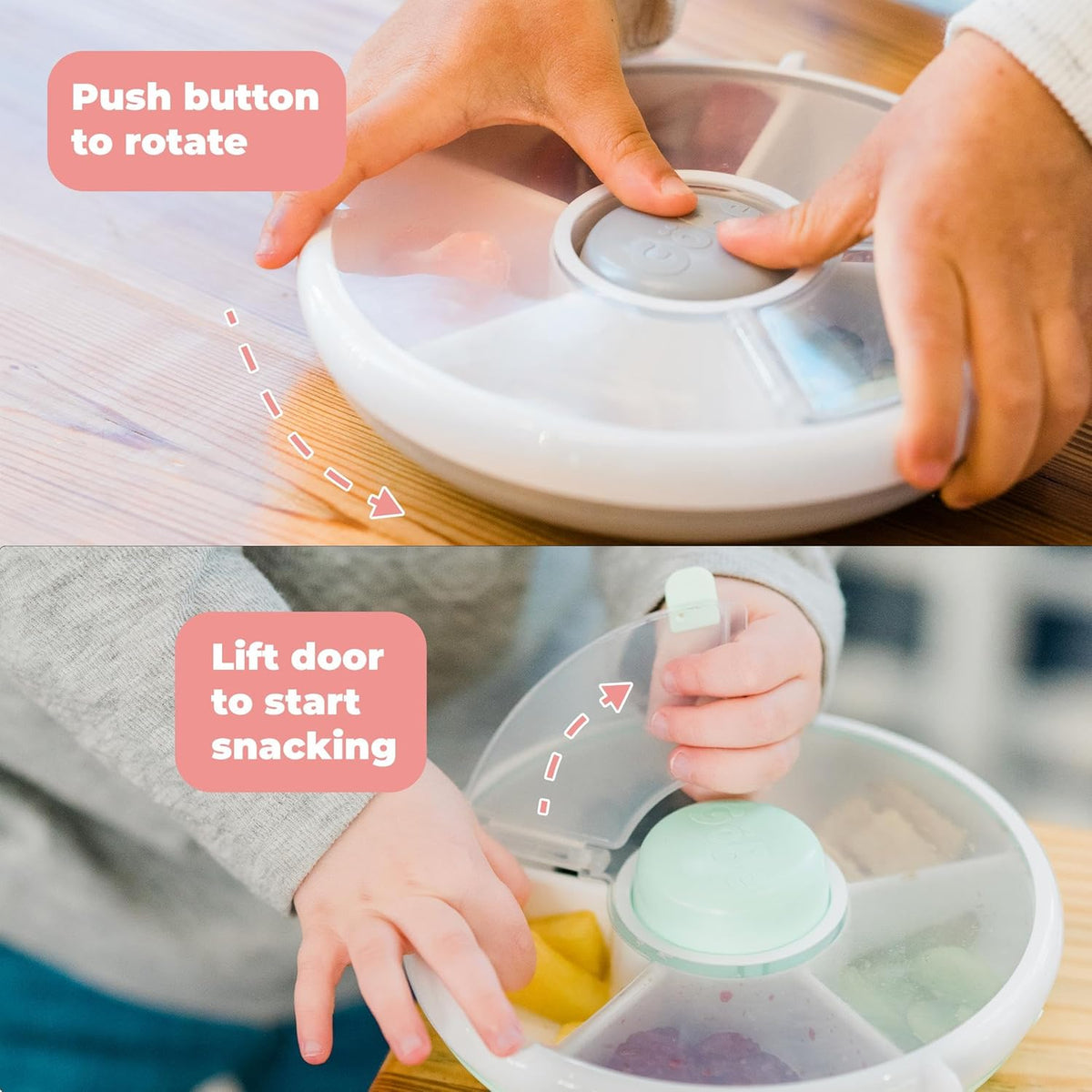 GoBe Kids Small Snack Spinner Flip Bundle with Hand Strap and Sticker Sheet - Reusable Snack Container with 5 Compartment Dispenser and Lid | BPA/PVC Free | Dishwasher Safe | No Spill- Mint Green
