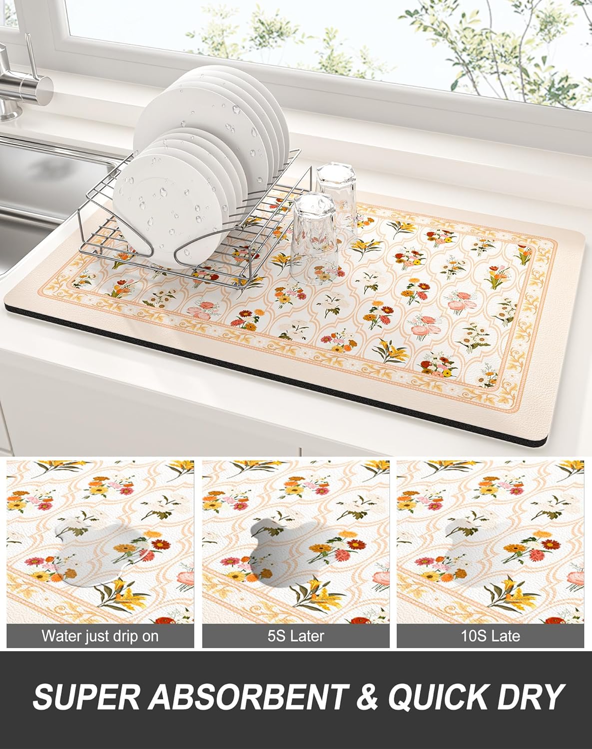 Rnivvi Dish Drying Mat for Kitchen Counter, 12 x 19" Cute Flower Theme Super Absorbent Draining Pad, Non-Slip Heat Resistant Coffee Bar Mat for Coffee Machine Station Accessories, Beige Dish Rack Pad