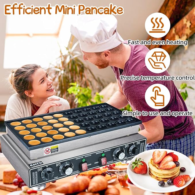 KHTD Mini Pancake Maker Machine, 50PCS Electric Nonstick Dutch Pancake Maker 110V 1600W, Commercial Muffin Maker with 2 Thermostats & 2 Timers Separate Control for Home Restaurant (12"D×21"W×7"H)
