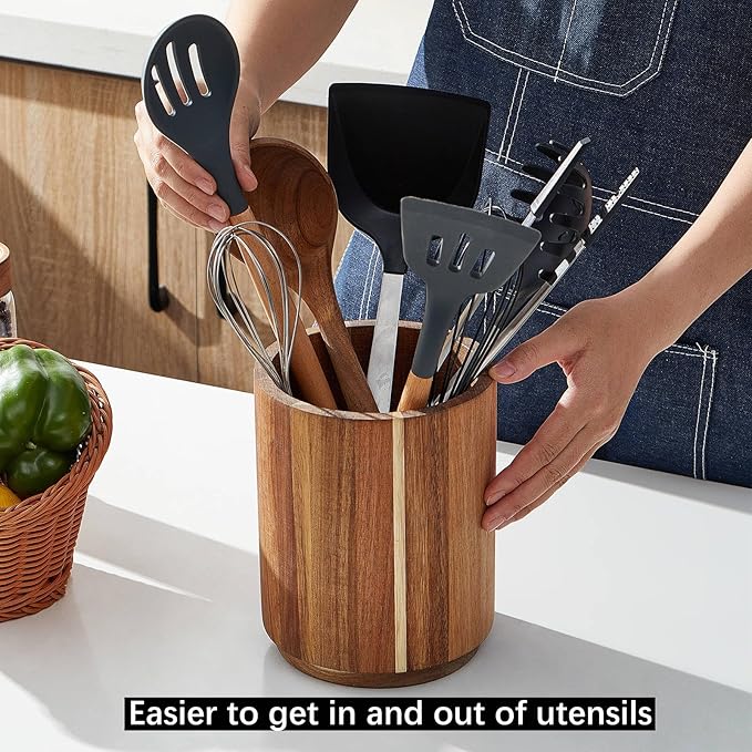 Acacia Wood Utensil Holder for Kitchen Counter, 360° Rotating 7.2" Wooden Cooking Utensil Crock for Countertop, Farmhouse Kitchen Decor