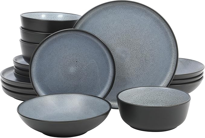 Gibson Elite Tribeca Loft 16-Piece Dinnerware Set – Matte Black and Blue Reactive Glaze Stoneware, Double Bowl Round Plates and Bowls – Modern Rustic Dinnerware for 4, Dishwasher & Microwave Safe