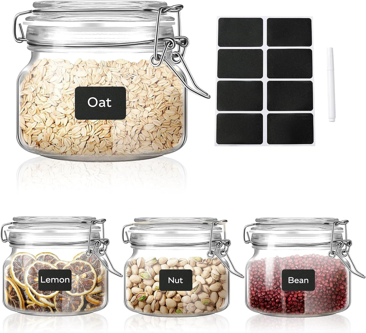 Glass Food Storage Jars with Airtight Lids 17 oz Square 4 Pack Kitchen Storage Containers Cabinet Canisters Sealed Pot Canning for Pasta, Cereal, Coffee, Beans, Spice