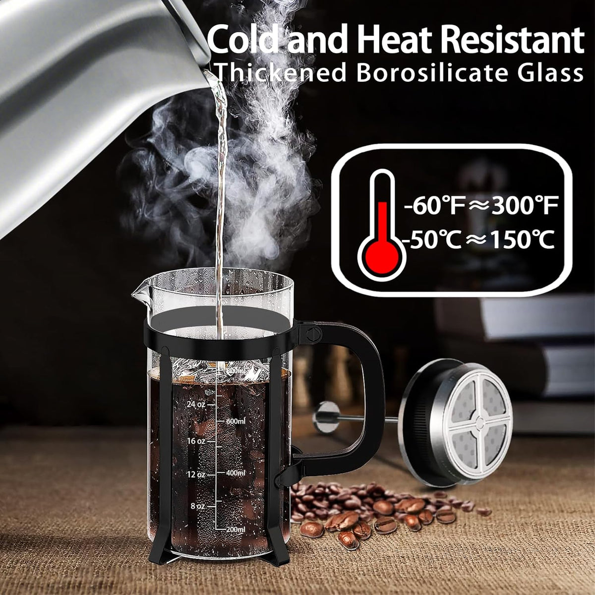 French Press Coffee Maker 304 Stainless Steel Coffee Press,with 4 Filters System, Heat Resistant Thickness Borosilicate French Press Glass, BPA-Free Brewed Tea Pot Coffee Plunger(Copper 12oz)