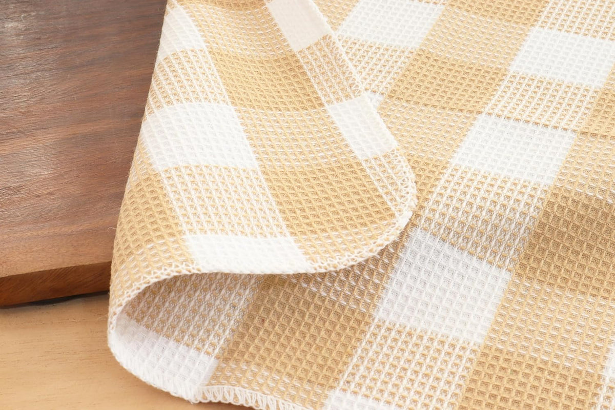 PurpleEssences Waffle Weave Plaid Dish Cloths, 100% Cotton - 12 x 12 Inches, Ultra Soft Absorbent Quick Drying Dish Towels Buffalo Check Dish Rags for Kitchen, 8 Pack - Spring Summer - Beige & White