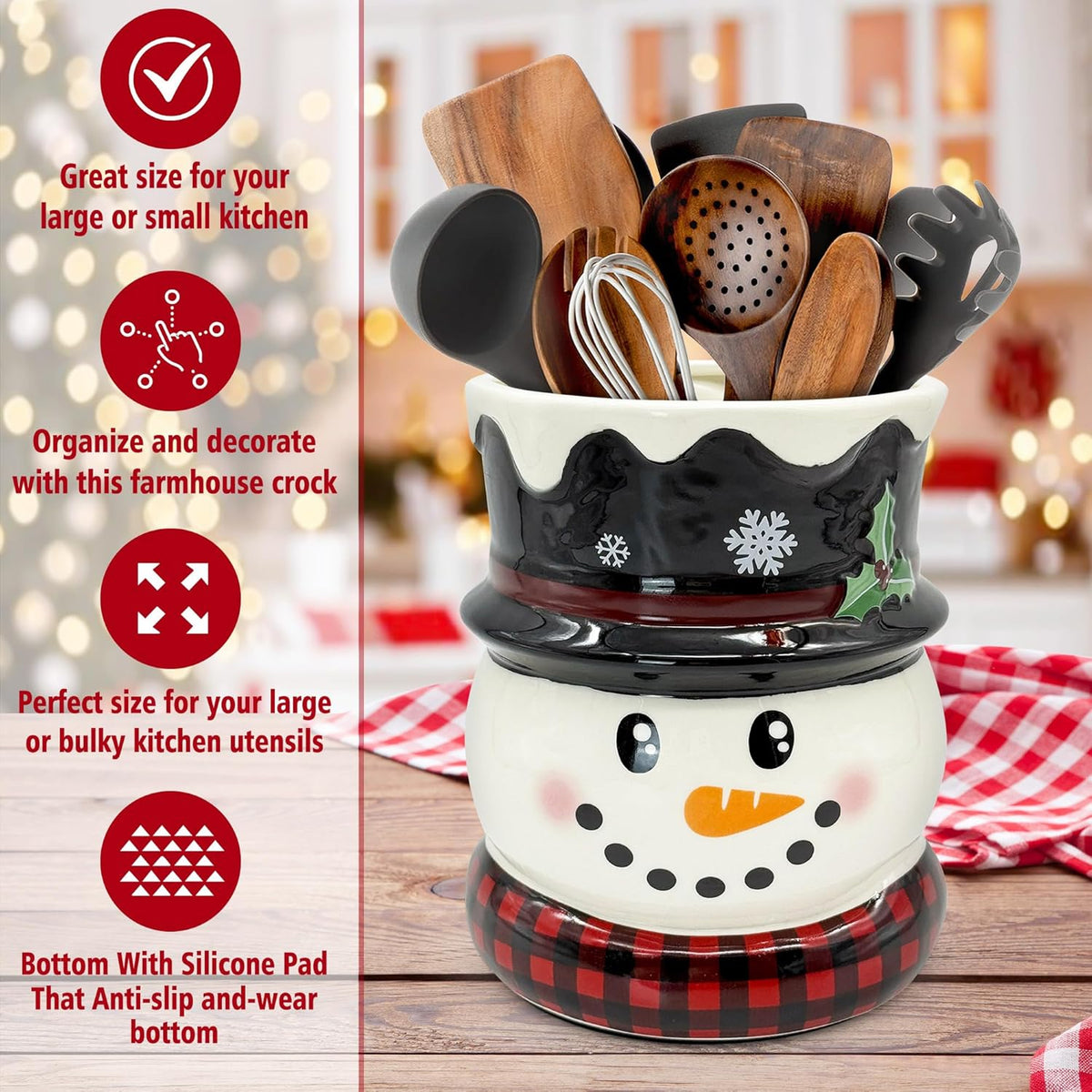 pinata Christmas Kitchen Decor Ceramic Snowman Utensil Holder, Cute Christmas Utensils Holder, Xmas Ceramic Utensils Crock for Rustic Farmhouse Indoor Kitchen Decorations(6.3 Inches)