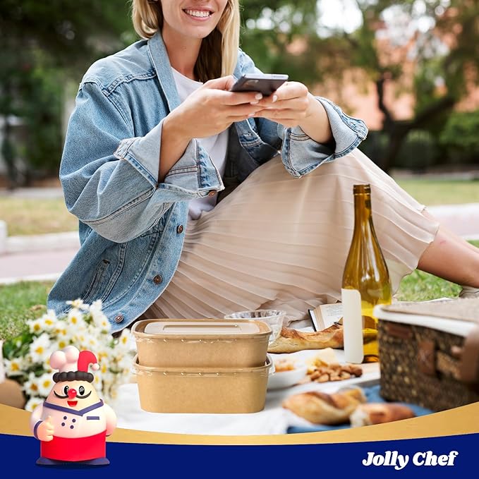 JOLLY CHEF 25 oz 50 Pack Paper Meal Prep Containers with Lids, Rectangular Disposable Food Containers, Brown Paper Bowls with Lids for Thanksgiving, Christmas, Parties