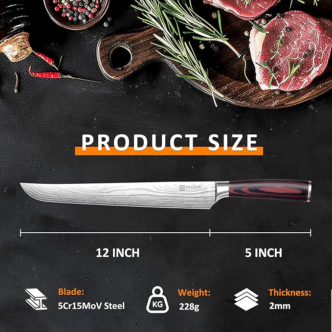 PAUDIN Carving Knife, 12 Inch Brisket Knife, Razor Sharp Edge Slicing Knife for Brisket Meat, Forged German High Carbon Stainless Steel, Ergonomic Handle Design