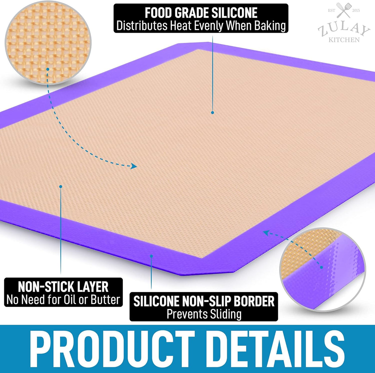 Zulay Kitchen (2 Pack) Silicone Baking Mat Sheet Set - Reusable Baking Mat Nonstick - Half Sheet Baking Mat For Oven - 16.5" x 11.6" (Purple)
