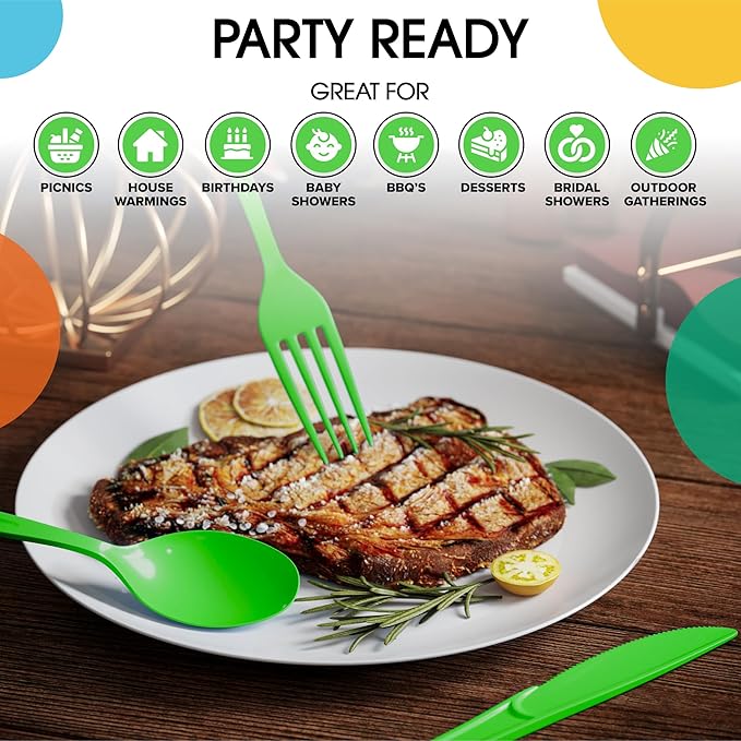 Party Solids Lime Green Plastic Silverware Heavy Duty 150 Pcs Lime Green Plastic Cutlery Sets, Utensil Sets, 50 Of Each Forks, Knives & Spoons Disposable Cutlery Set, Flatware Set For Party Supplies