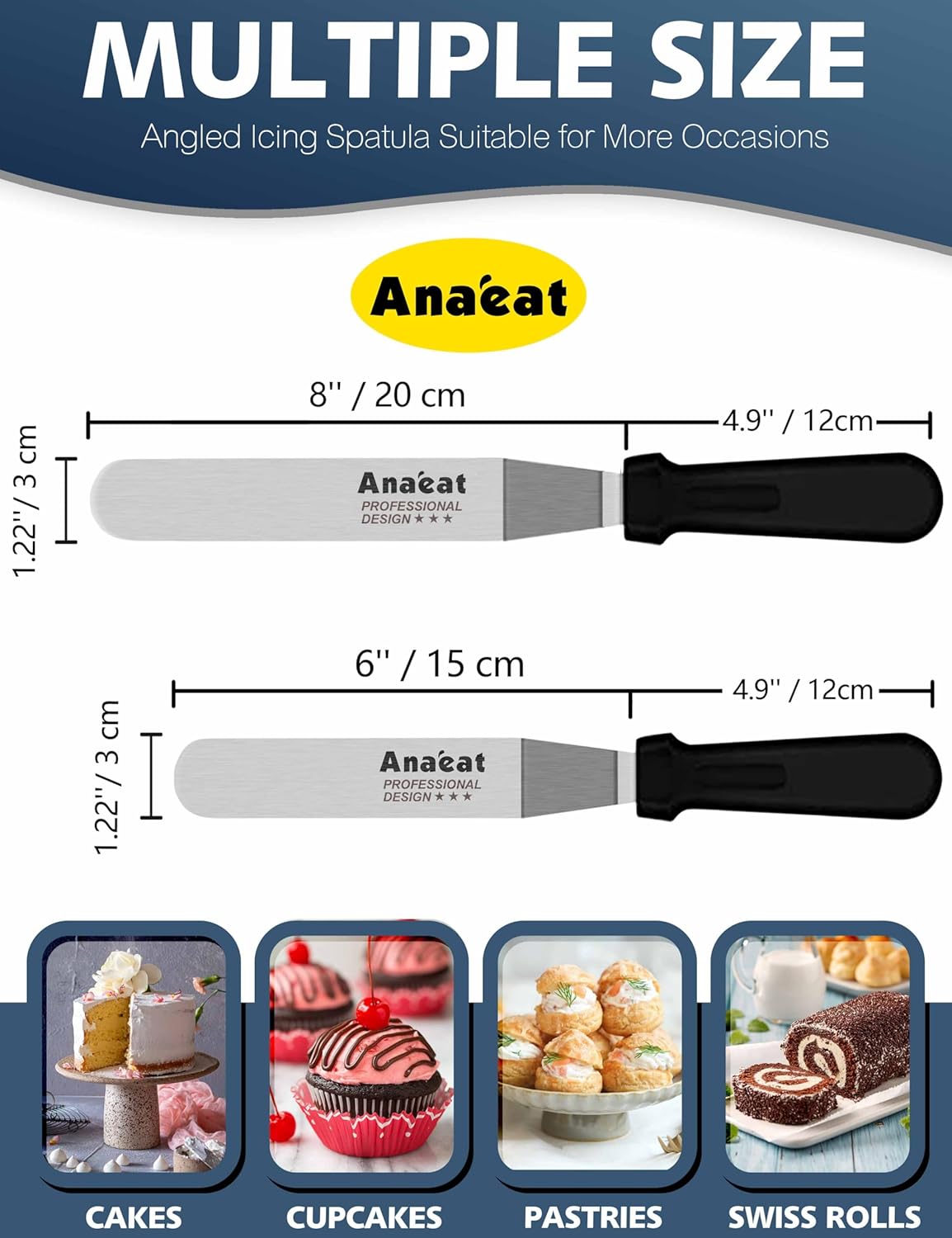 Anaeat Icing Spatulas, Set of 2 Professional Cake Angled Offset Spatula with 6", 8" Stainless Steel Blades - Thickened Frosting Knife with Durable Plastic Handle for Cake Decorating Pastry & Baking
