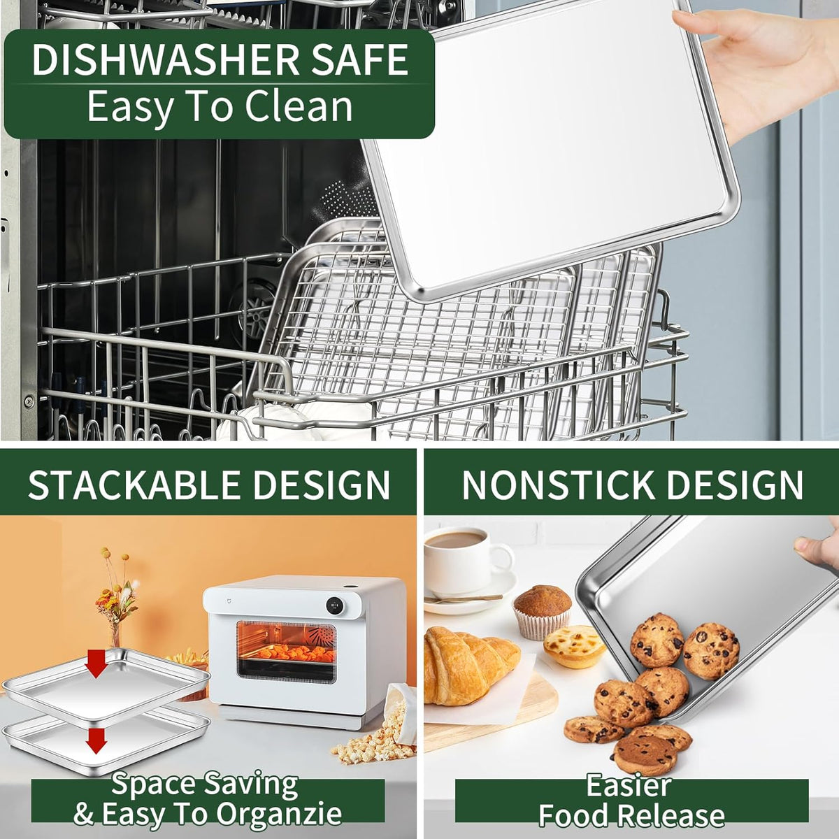 Baking Sheet with Cooling Rack Set(2 Baking Pans+2 Baking Racks), CEKEE Stainless Steel Non Stick Small Cookie Sheet Set, Size 10.39 x 8.07 x 1 Inch, Easy to Clean Small Baking Sheet with Rack Set
