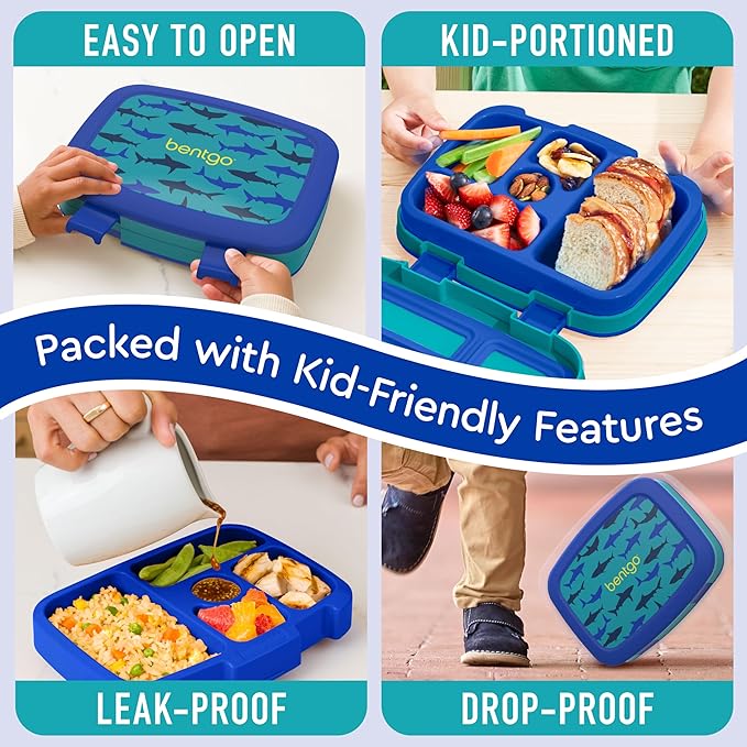 Bentgo Kids Prints Leak-Proof, 5-Compartment Bento-Style Kids Lunch Box - Ideal Portion Sizes for Ages 3-7, Durable, Drop-Proof, Dishwasher Safe, & PFAS & BPA-Free Materials (Sharks)