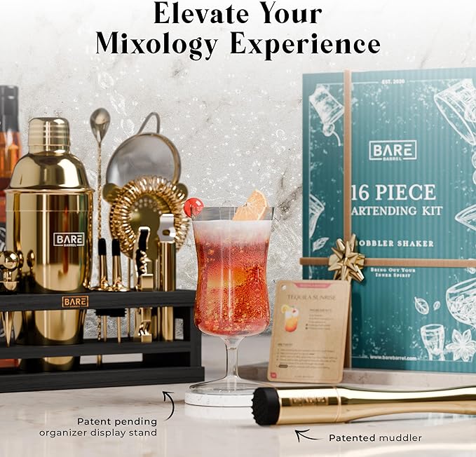 BARE BARREL® Mixology Bartender Kit Bar Set | 16-Piece Cocktail Shaker Set | Martini Barware Mixing Tools for Home Bartending | Incl. 35 Recipe Cards | Gift Set (24oz Cobbler Shaker, Gold/Black)