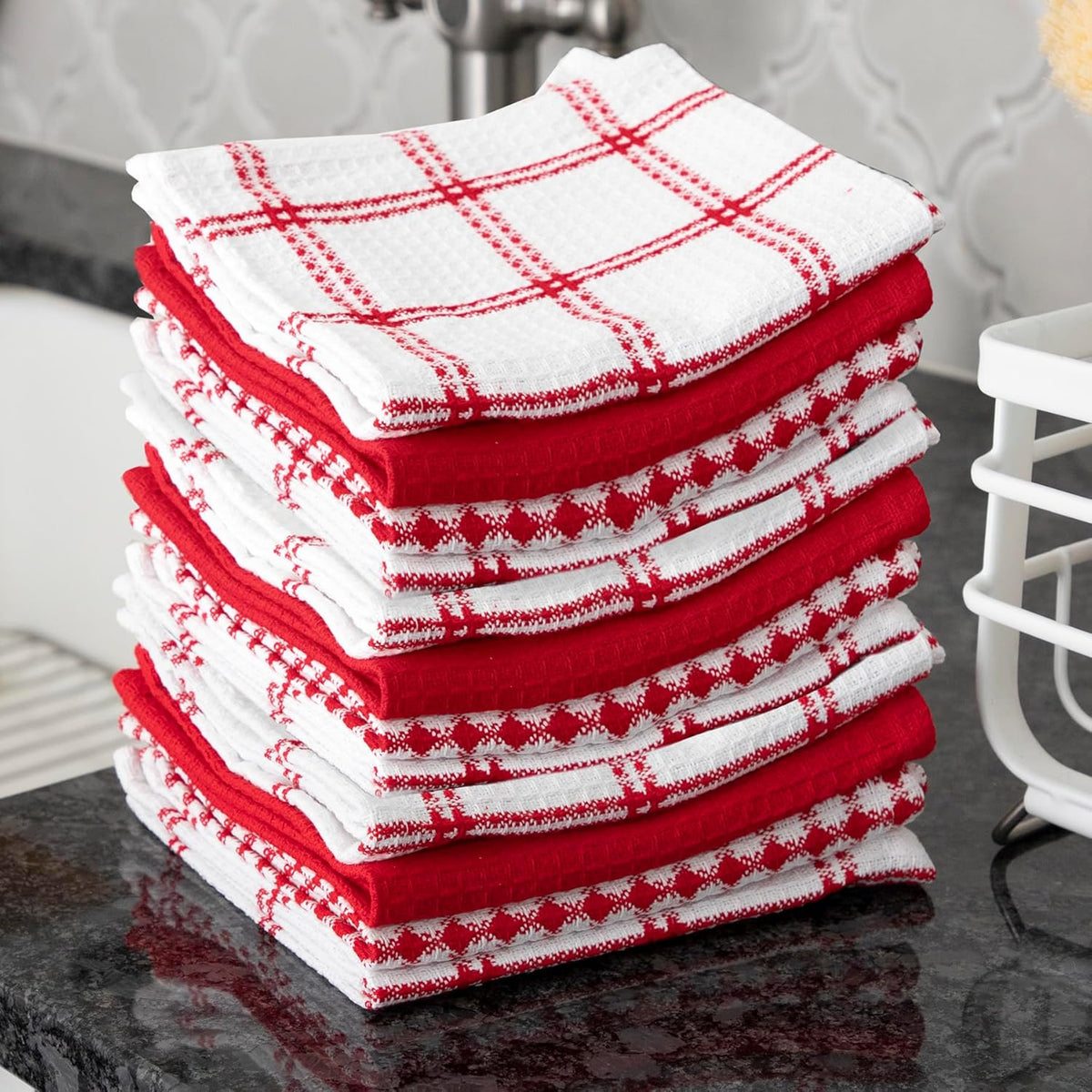 T-fal Premium Waffle Dish Cloths: Highly Absorbent, Super Soft Long Lasting - 100% Cotton, 12"x13" Towel for Cleaning & Drying, (12-Pack), Red