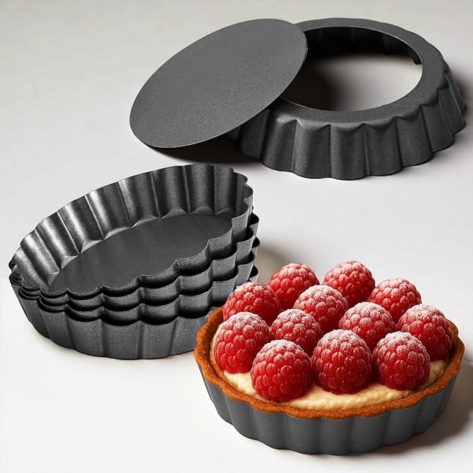 4 Inch Mini Quiche Pans Black 6 Pack. Egg Tart Molds w/Removable Bottom, Non-Stick Coating, Rugged Carbon Steel for Small Tart Quiche Pie Making. Gift for Women Christmas Thanksgiving Festival