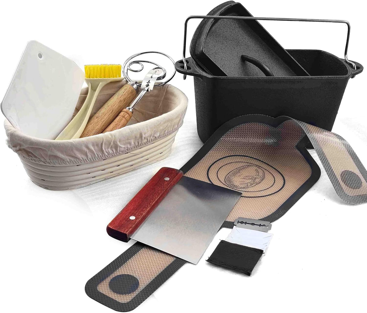 Cast Iron Loaf Oven Pan - 4.33"x4.92"x8.66" Durable Loaf Pans Rectangular Baking Pan with Banneton Bread Proofing Basket set for home baking (Bread Pan with Basket Kit, 2 QT)