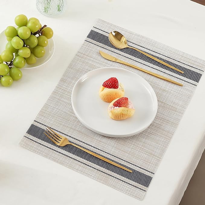 Leetaltree Khaki-Blue Placemats, Heat Resistant Non-Slip Place mats for Dining Table, Washable Durable PVC Vinyl Woven Table Mats (Set of 4)