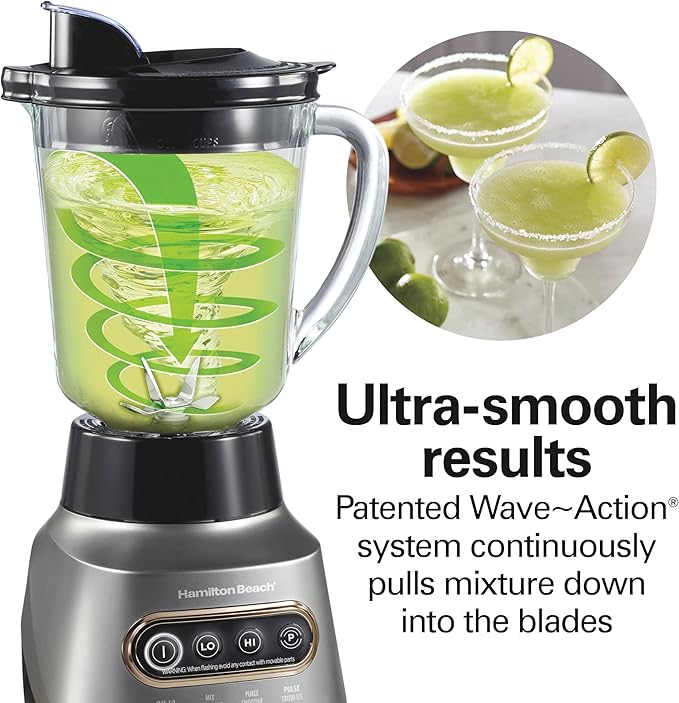 Hamilton Beach Wave Action Blender for Smoothies, Stainless Steel Ice Sabre Blades, 40oz Glass Jar, 20oz Blend-In Portable Travel Jar, 800 Watts, Quiet Design, Gray (58181)