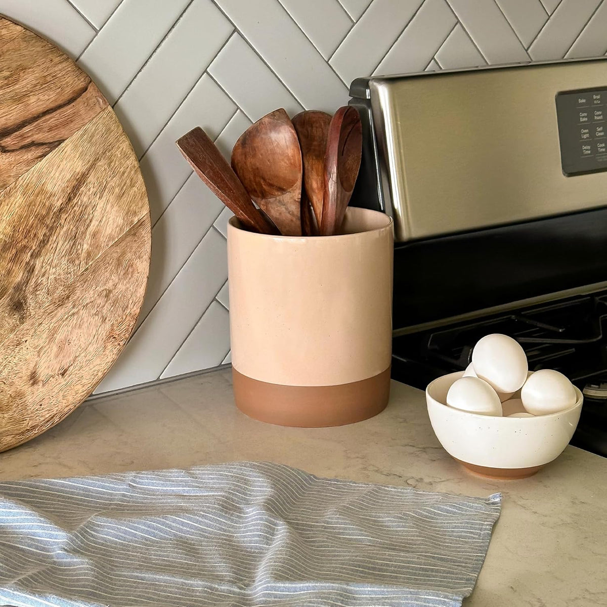 Mora Ceramic Kitchen Utensil Holder - Wooden Spoon & Spatula Crock for Countertop, Modern Farmhouse Home Decor, Extra Large 7.3" Cooking Organizer for Stove Top and Counter - Heavy & Sturdy - Chai