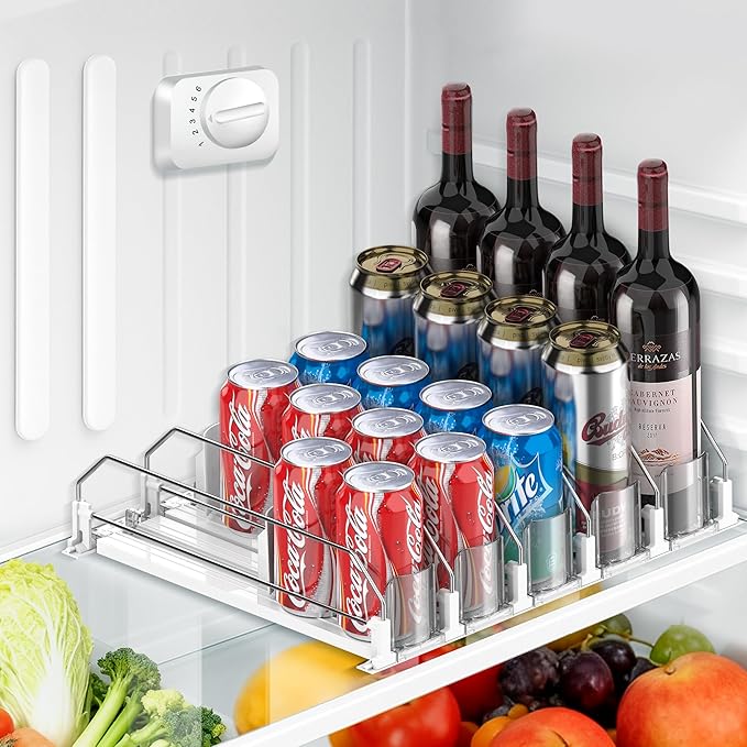 Drink Organizer for Fridge, Upgraded Drink dispenser for fridge, Automatic Pusher Glide,12oz 16oz - Can Dispenser for Fridge - Holds up to 20 Cans - 5 Rows White