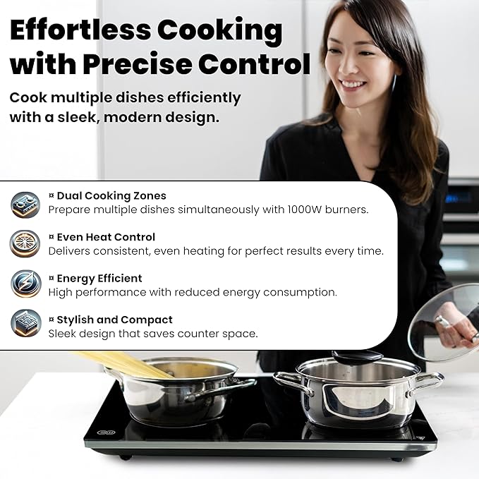 OMEO Portable Double Induction Cooktop 2 Burner Electric Cooktop, Touch Control 110V Induction Cooker with Safety Lock, Pause, Auto Shutoff Timer Setting, 9 Heating Level and Overheating Protection