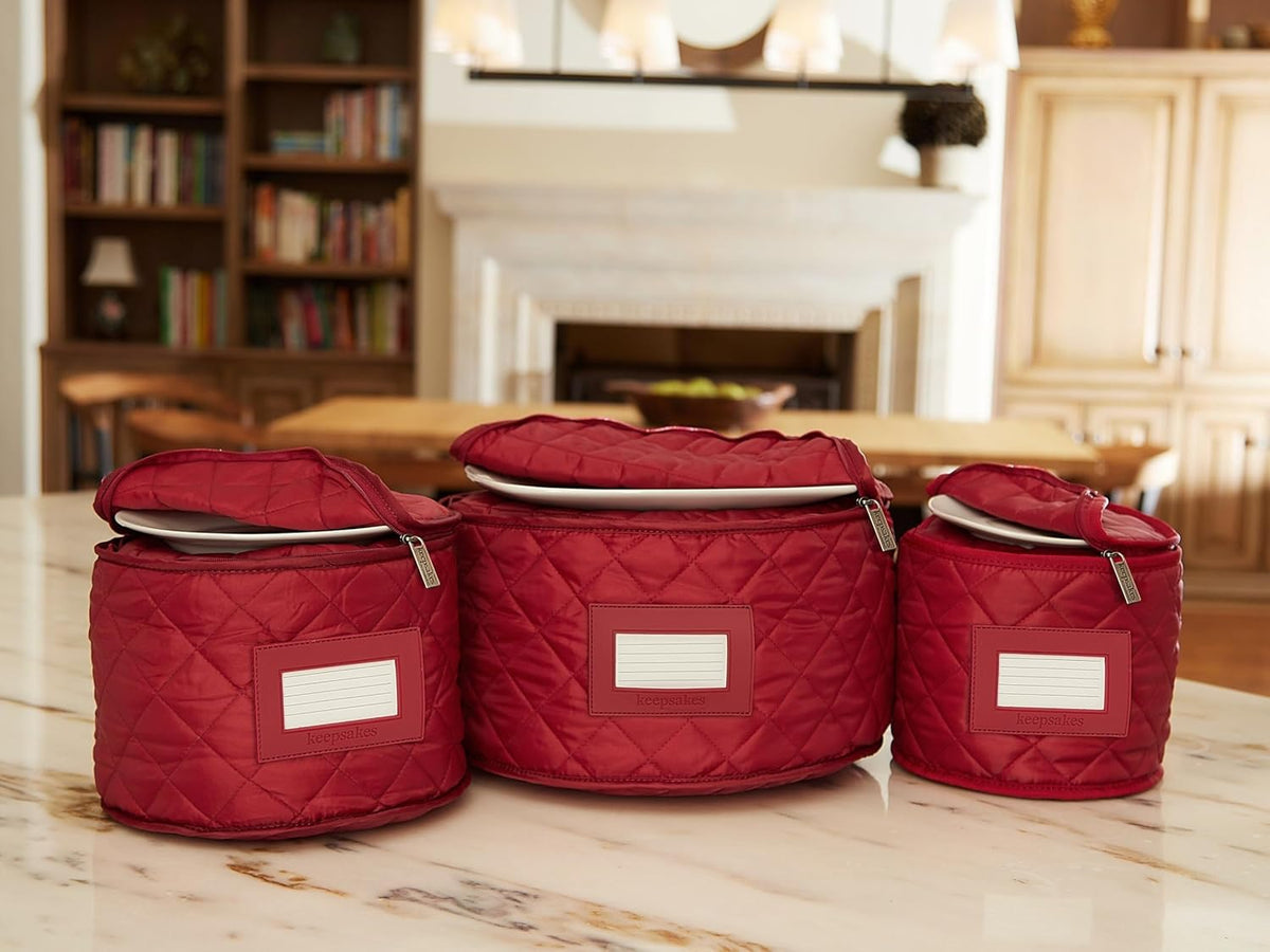 Covermates Keepsakes - Dish Storage Set - Padded Protection - ID Window - Stain Resistant - Machine Washable - China Storage, Red