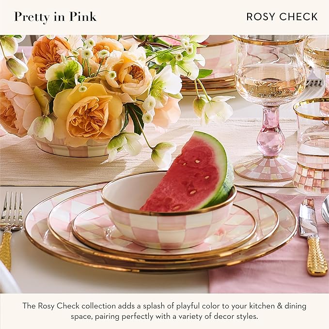MACKENZIE-CHILDS Enamel Dinner Plate, Decorative Dinnerware Plate, 10 Inches, Set of 4, Pink-and-White Rosy Check