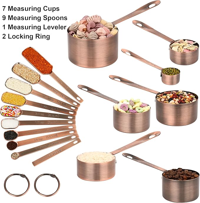 Copper Measuring Cups and Spoons Set 17 for Dry & Liquid, Metric & Us Stainless Steel Measuring Cups and Spoons Set with Leveler for Kitchen & Baking with 3/4 & 2/3 Measurer Cup