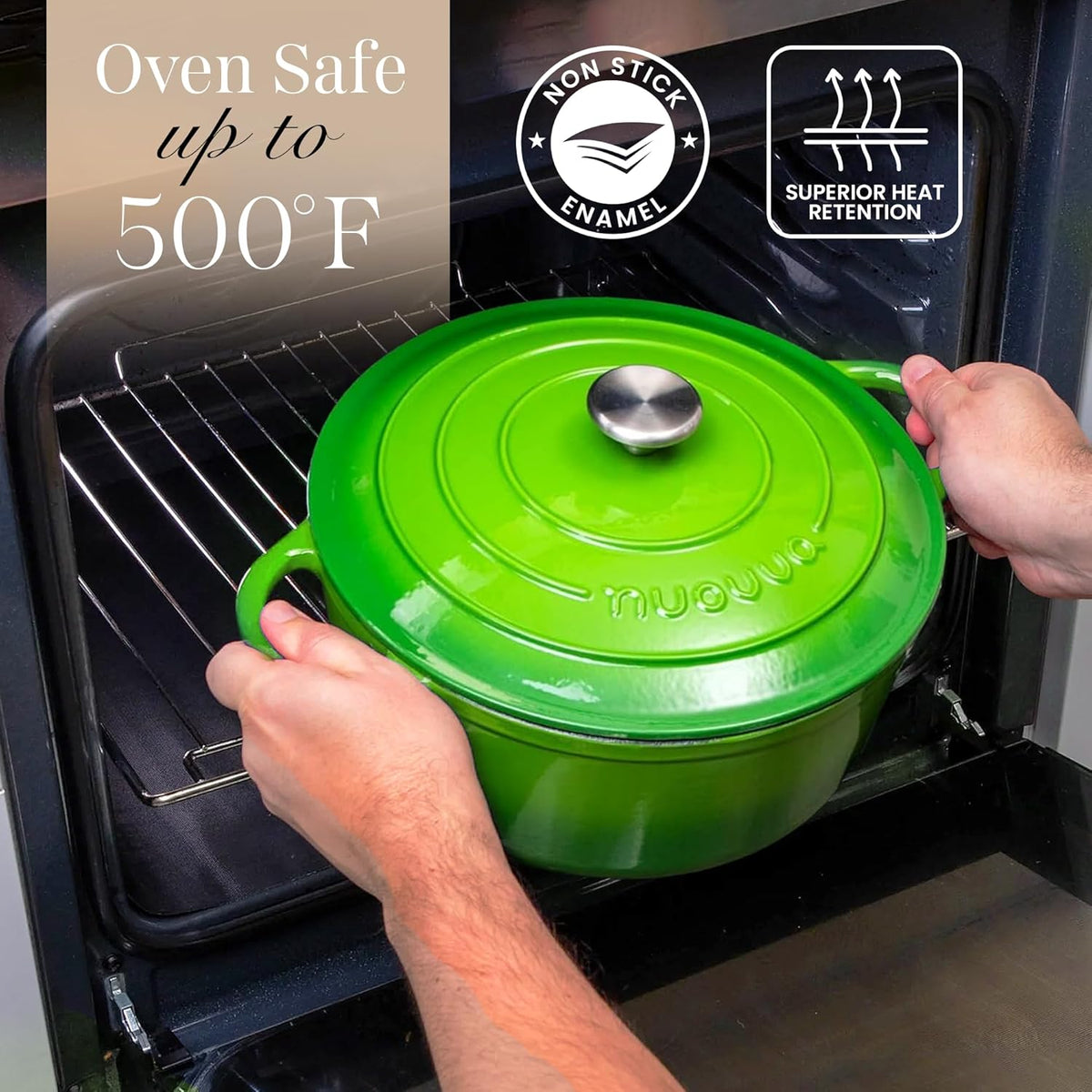 Nuovva Enamelled Cast Iron Dutch Oven Pot with Lid – 6.4 Quart Non Stick Casserole Pot – Heavy Duty & Oven Safe up to 500° F for Bread Baking, Braising, Stews, Roasting – 28cm Green