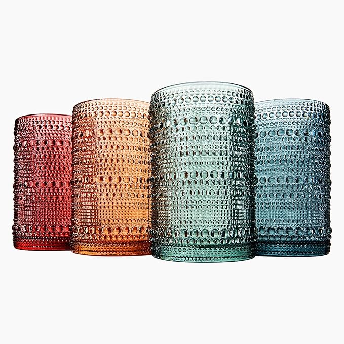 Khen Hobnail Beaded Highball Drinking Tumbler Glasses | Set of 4 | Color, Vintage Bubble Design Whiskey Glassware, Old-Fashioned, Embossed Design for Water, Wine, Cocktail Embossed, Rocks Glass