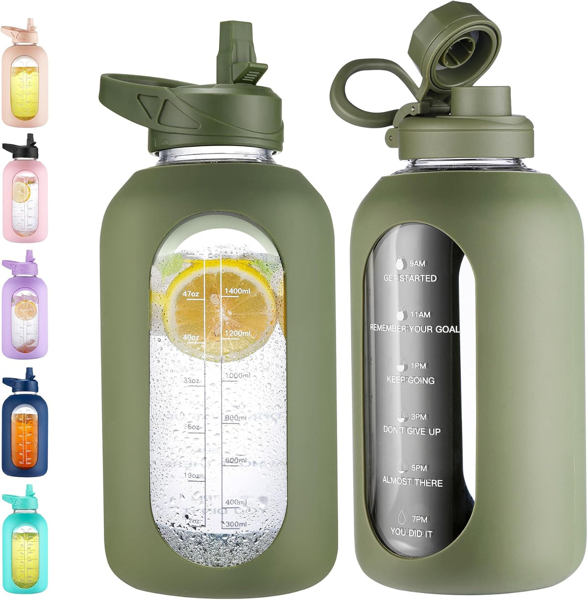 CIVAGO 64 oz Glass Water Bottle Jug with Straw and Handle, Half Gallon Sports Motivational Bottle with Time Marker, Large Flask Canteen with Silicone Sleeve for Gym, Army Green