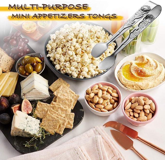 6PCS Mini Serving Tongs 4-Inch Small Rose Sugar Cube Tongs (Silver)