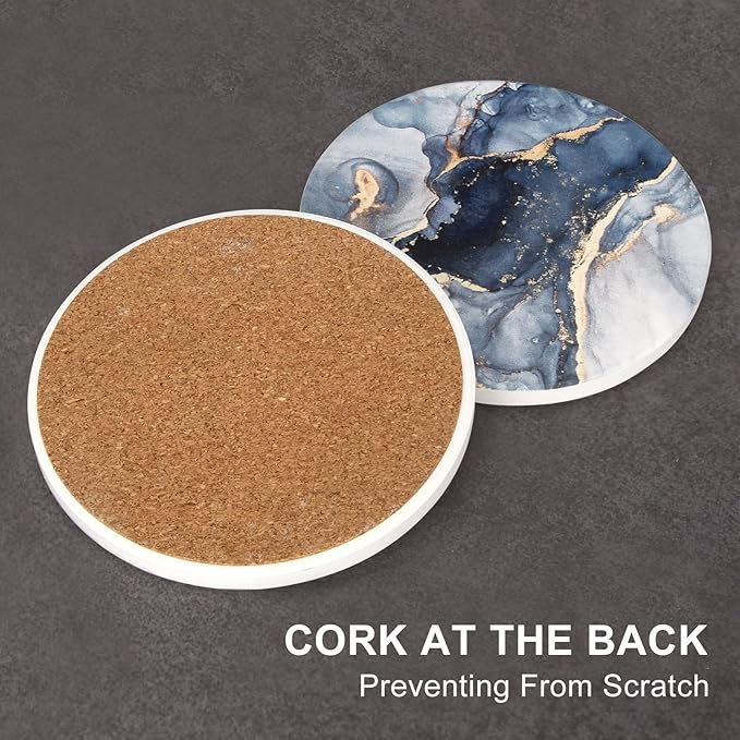Coasters Set of 6, Navy Blue Marble Abstract Round Ceramic Coasters with Holder, Best Absorbent Drink Coaster Set, Coffee Table Decor for Home Decor House Warming Gifts New Home