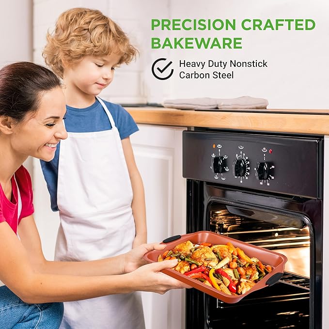 NutriChef 10-Piece Nonstick Baking Pan Set - Premium Carbon Steel Bakeware with Silicone Handles, Baking Pans, Pizza Pan, Square Pan, Loaf Pan, Cookie Sheet, Round Pan, 12/24 Cup Muffin Pan (Copper)