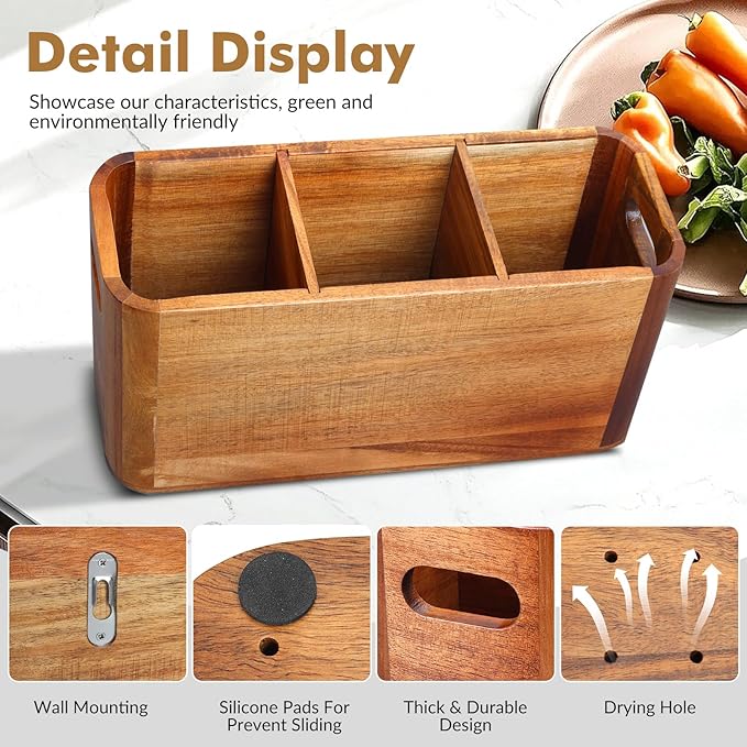 Kitchen Utensil Holder for Counter or Countertop, Extra Large Acacia Wood Organizer with 3 Compartments, Wooden Storage for Cooking and Silverware, Rustic Minimalist Decor, Sturdy Utensil Crock
