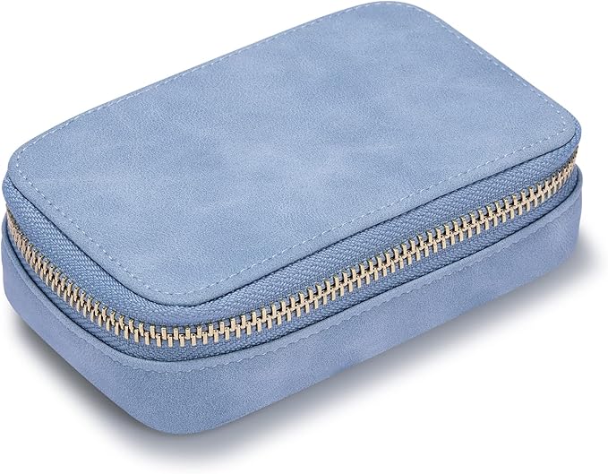 HISCOW Vegan Leather Travel Jewelry Case with Zipper - Portable Necklace & Earring Holder Organizer for Women Girls, Velvet-Lined Ring Box with Anti-Tarnish Design, Baby Blue