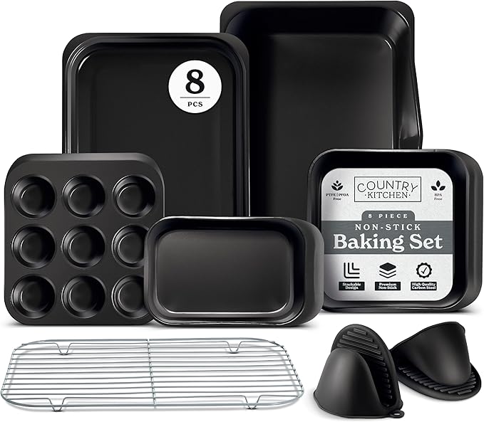 Country Kitchen Nonstick Stackable Bakeware Set - Deluxe Heavy Duty, Durable, Easy Release Baking Set, 8 Pcs, Black