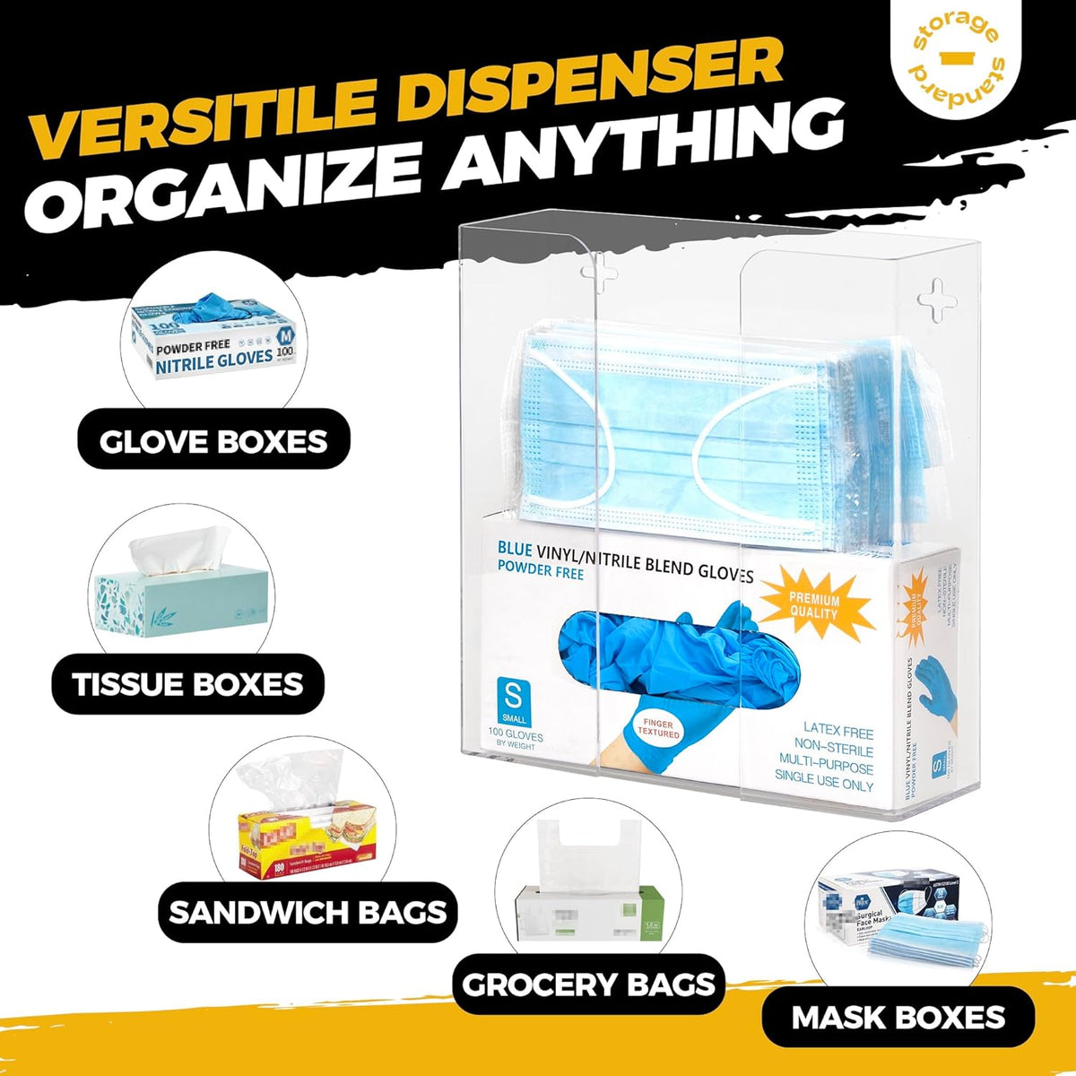 Storage Standard Double Glove Box Holder Dispenser - Kitchen, Medical, & Latex Gloves Holder Wall Mount or Countertop, Universal Fit - Thick Acrylic, Easy to Use, Slide, & Load Open Top Design - Clear