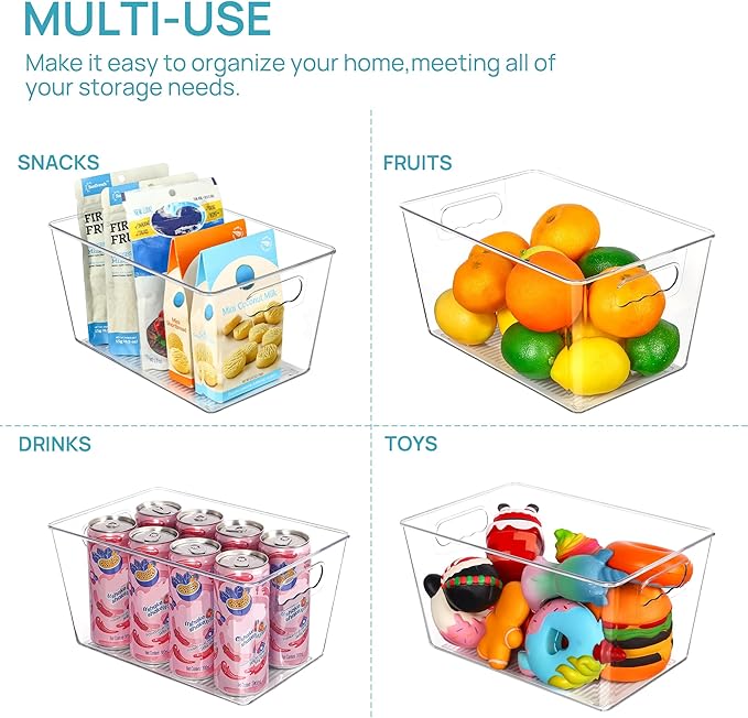 Vtopmart Clear Plastic Pantry Organizer Bins, 4 PCS Food Storage Bins with Handle for Refrigerator, Fridge, Cabinet, Kitchen, Countertops, Cupboard, Freezer Organization and Storage, BPA Free, Large