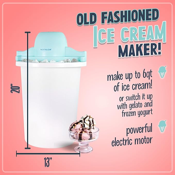 Nostalgia Electric Ice Cream Maker – Parlor Style, Old Fashioned Soft Serve Ice Cream Machine Makes Frozen Yogurt or Gelato in Minutes - Fun Kitchen Appliance – Blue & White - 6 Quart