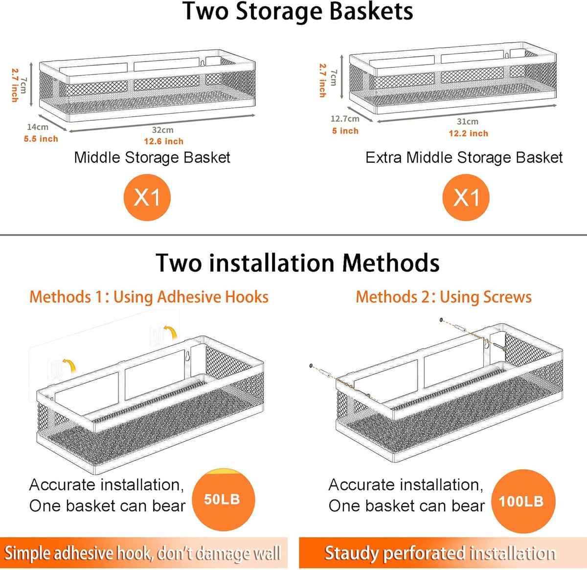 PUSDON Hanging Storage Baskets Organizer Wall Mount, Metal Wire Storage Bin Rack for Kitchen Bathroom Shower Spice Shelf Home Decor Essentials White-2 Packs (Netting)