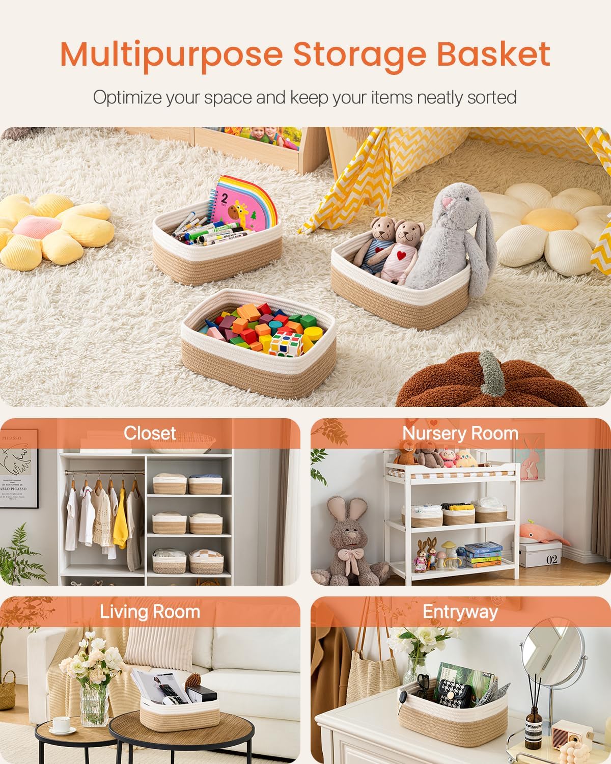 Small Woven Basket, 12 x 8 x 4.5 Inches, Storage Basket for Organizing, Cute Small Rope Shelf Closet Cube Storage Bins Baskets for Shelves, Dog Toy Gift Baskets Empty, 3 Pack White & Brown